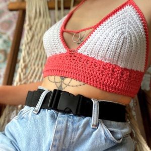 Handmade Crochet Top- Coral & white